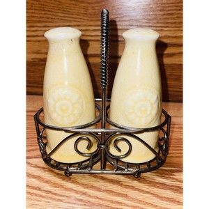 Vintage Salt & Pepper Shakers Cetamic Crackle Glass With Stand Square Nest 2001